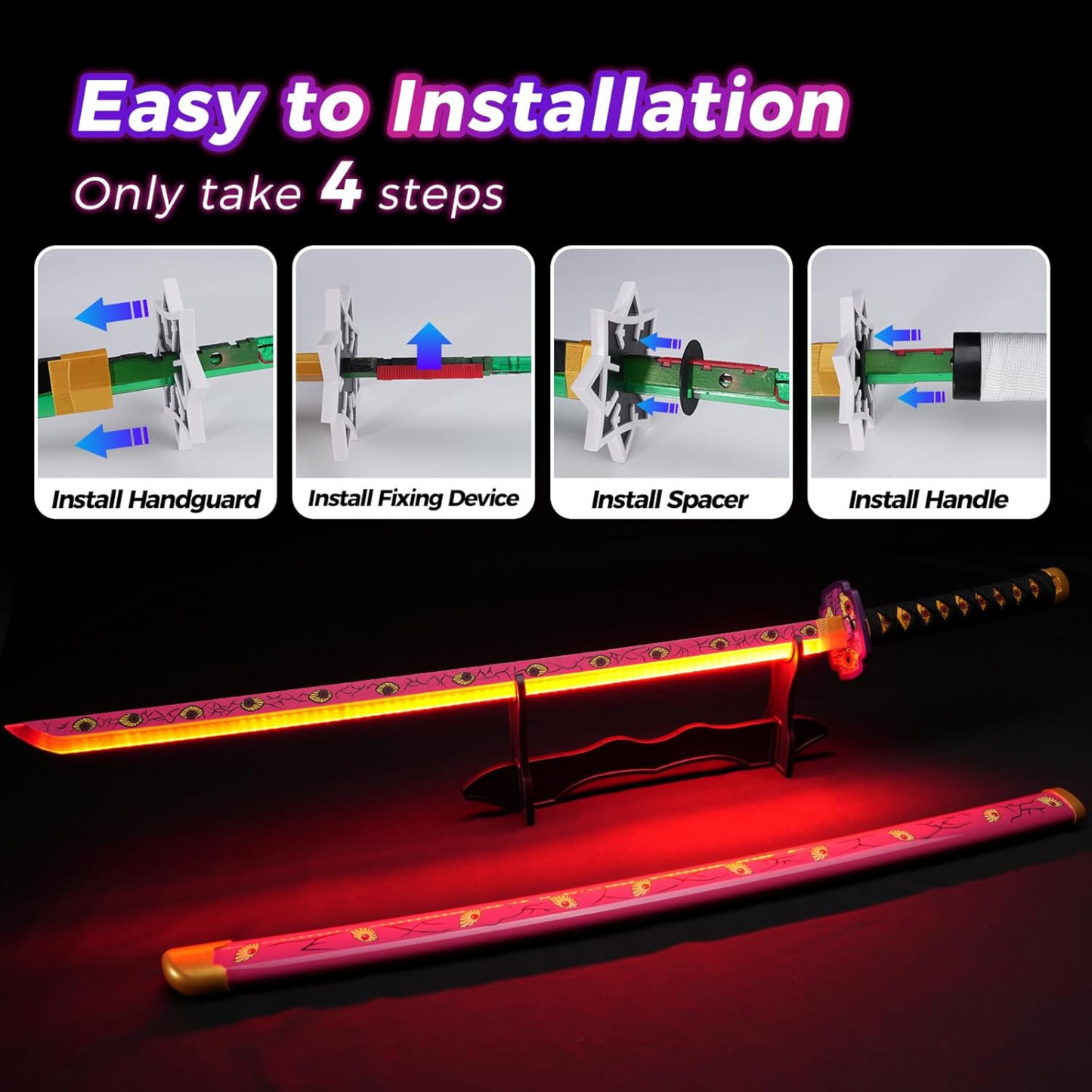 Pink LED katana with eye pattern and black handle from Demon Slayer