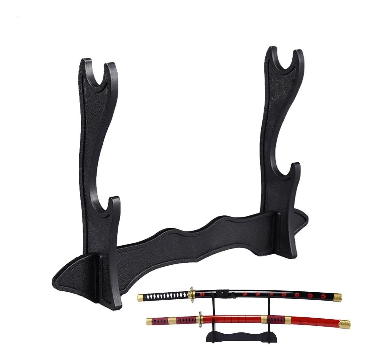 Two-Tier Katana Display Stand – Black Plastic Sword Holder Rack