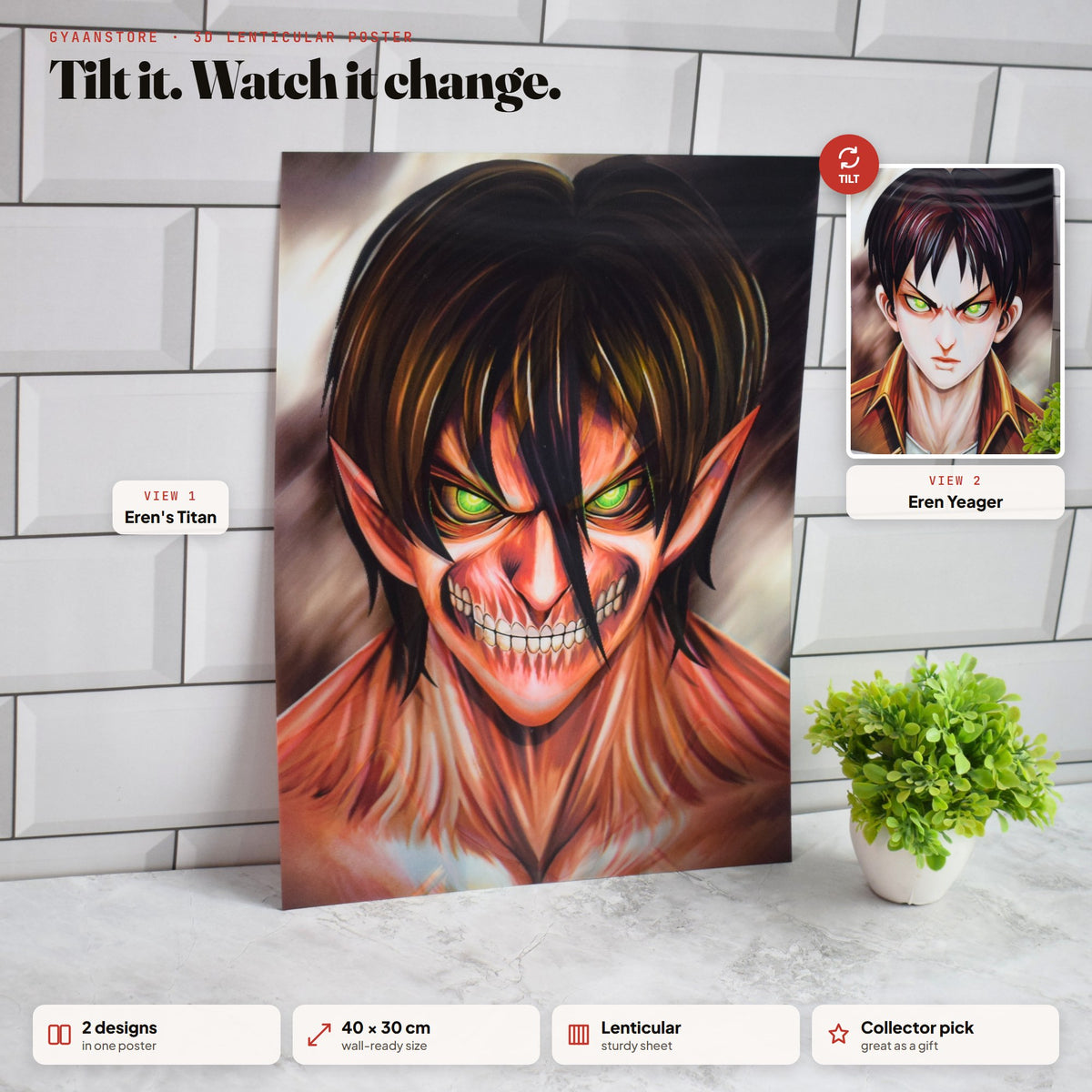 Attack on Titan Eren Yeager Titan Shift 3D Lenticular A3 Poster – tilt to see both designs