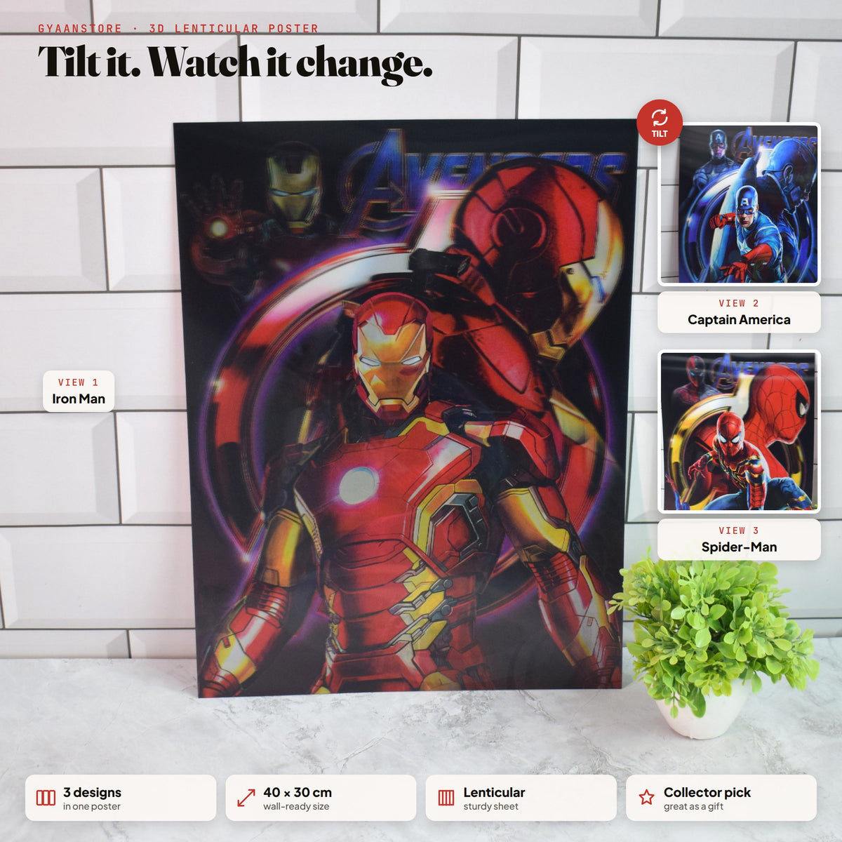Avengers Iron Man, Captain America & Spider-Man 3D Lenticular A3 Poster – tilt to see all 3 designs