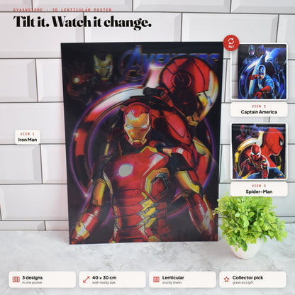 Avengers Iron Man, Captain America & Spider-Man 3D Lenticular A3 Poster – tilt to see all 3 designs