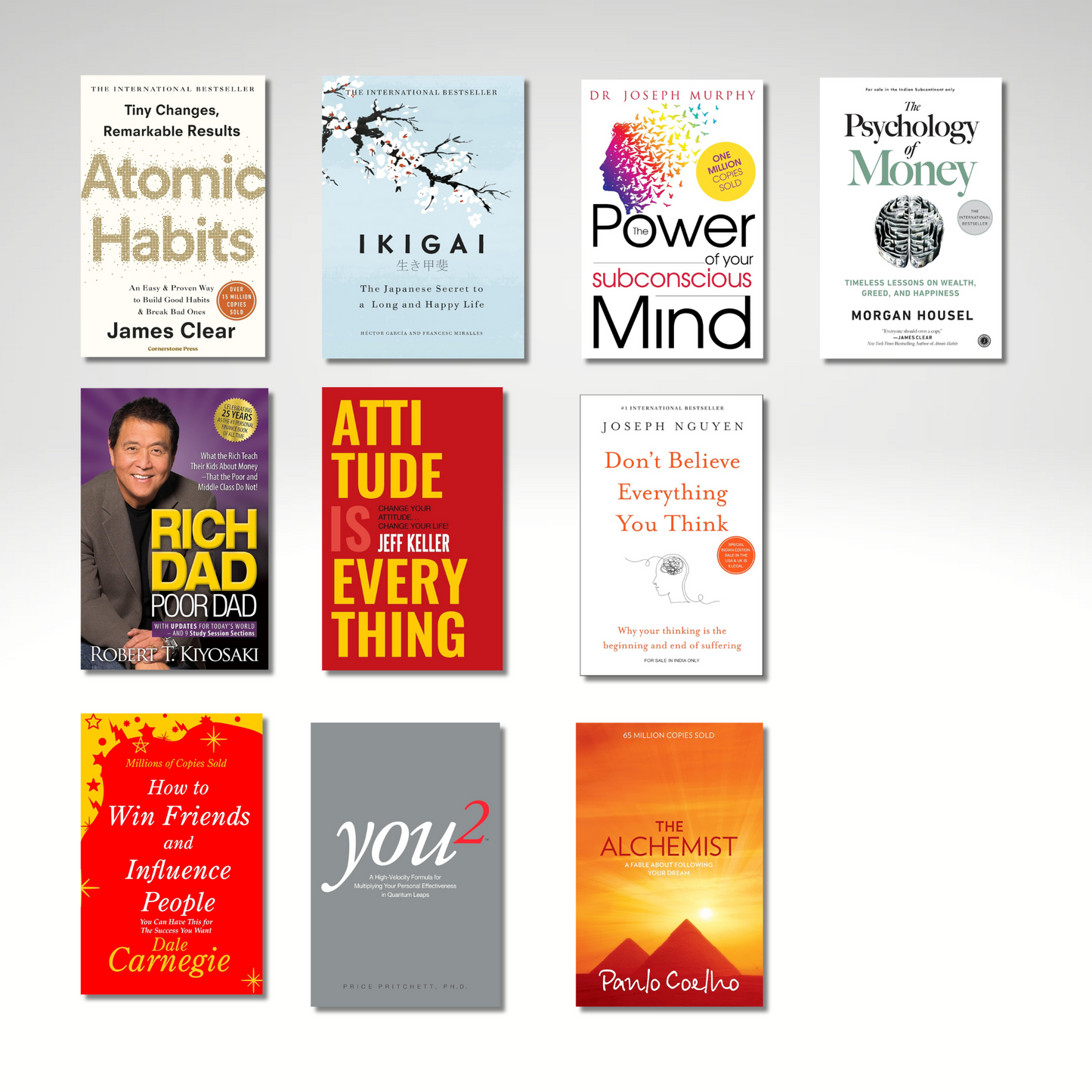 Bestseller Book Combo Pack of 10 – Atomic Habits, Ikigai, Rich Dad Poor Dad, Alchemist & more