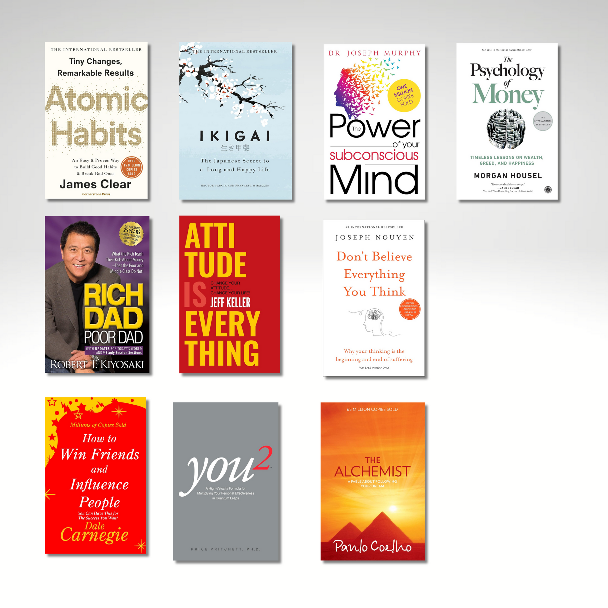 Bestseller Book Combo Pack of 10 – Atomic Habits, Ikigai, Rich Dad Poor Dad, Alchemist & more