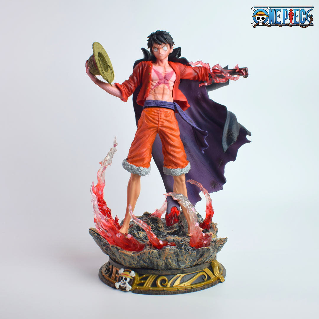Conqueror's Haki Monkey D Luffy (Double Headed) - full figure on rock base with red haki effects, straw hat in hand, One Piece logo