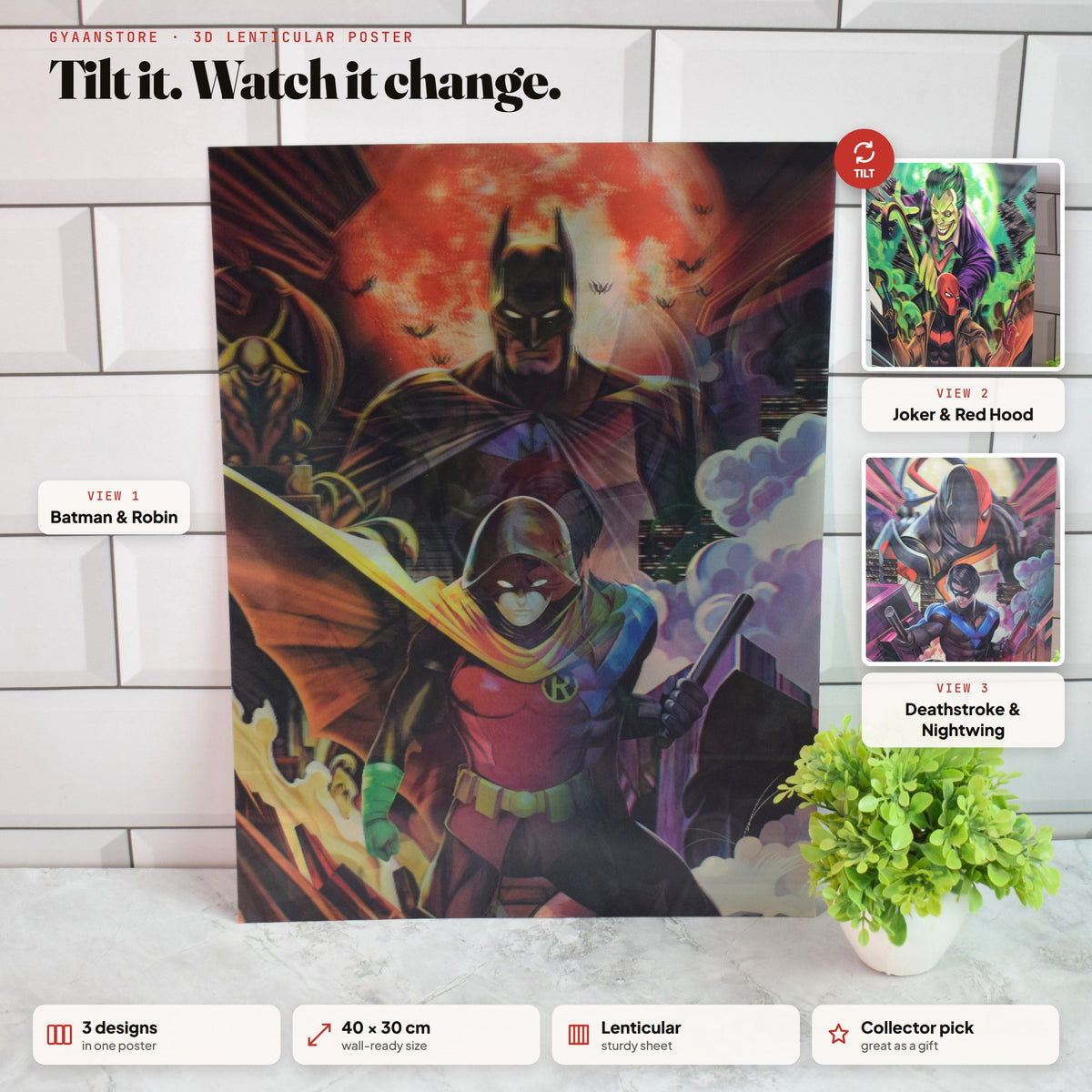 DC Robin, Red Hood & Nightwing 3D Lenticular A3 Poster – tilt to see all 3 designs