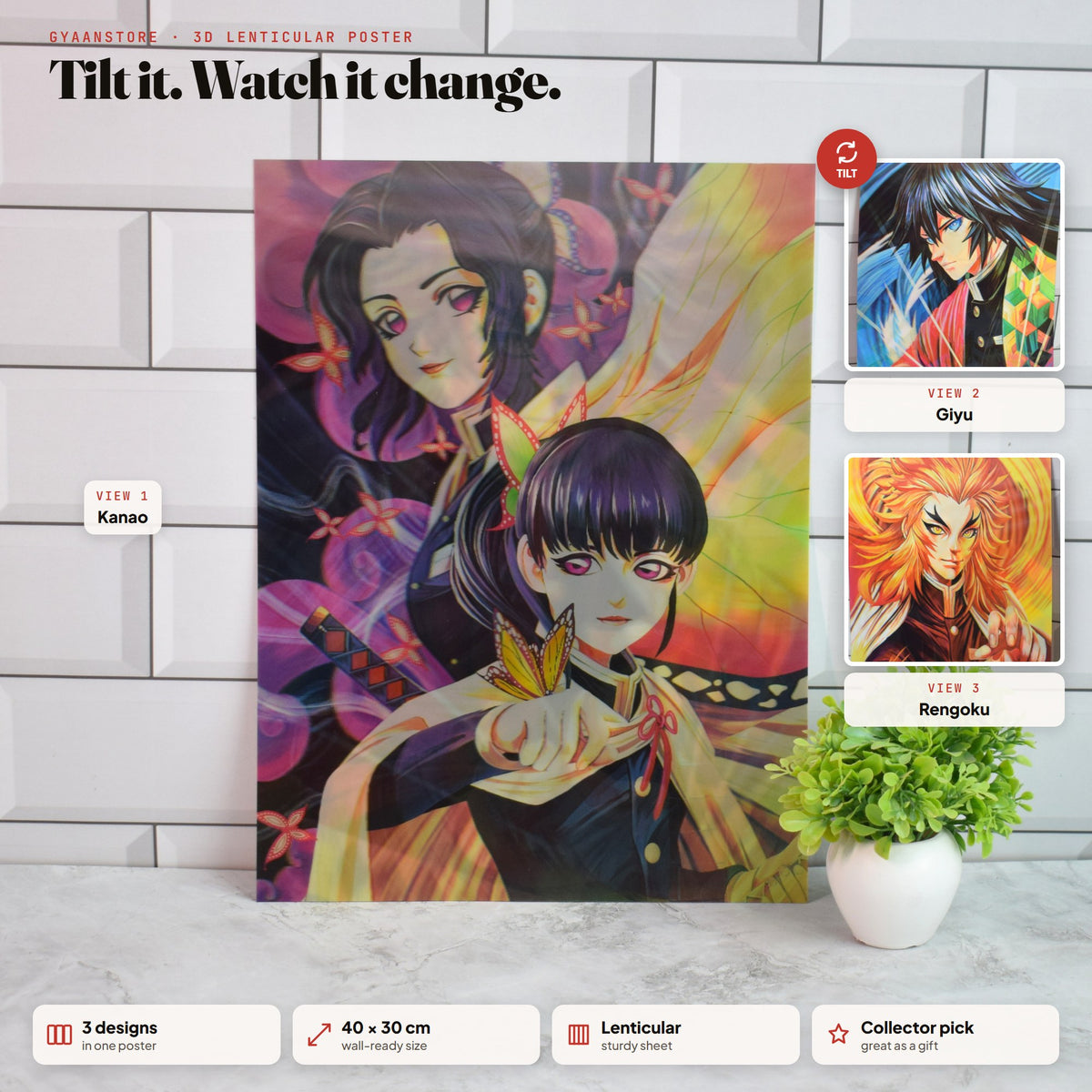 Demon Slayer Kanao, Giyu & Rengoku 3D Lenticular A3 Poster – tilt to see all 3 designs