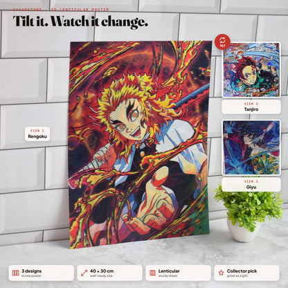 Demon Slayer Rengoku, Tanjiro & Giyu 3D Lenticular A3 Poster – tilt to see all 3 designs