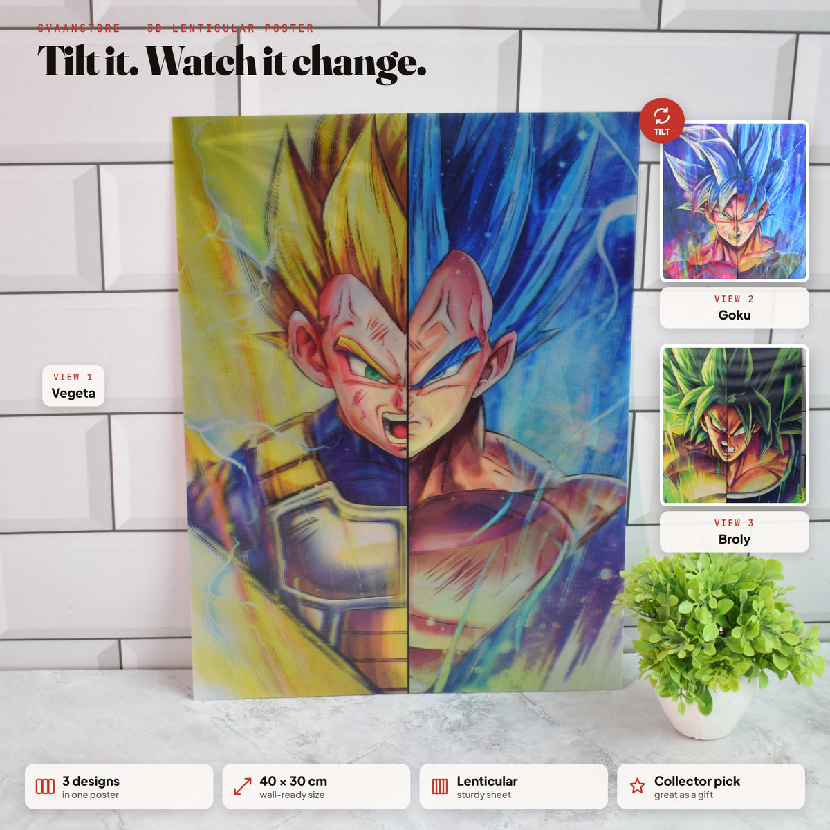 Dragon Ball Vegeta, Goku & Broly Split Face 3D Lenticular A3 Poster – tilt to see all 3 designs
