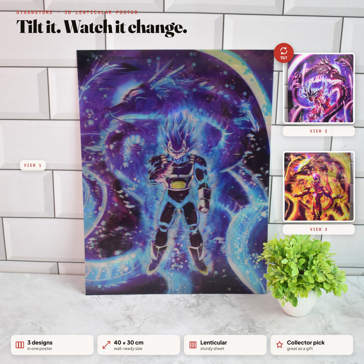 Dragon Ball Vegeta, Goku & Frieza Shenron 3D Lenticular A3 Poster – tilt to see all 3 designs