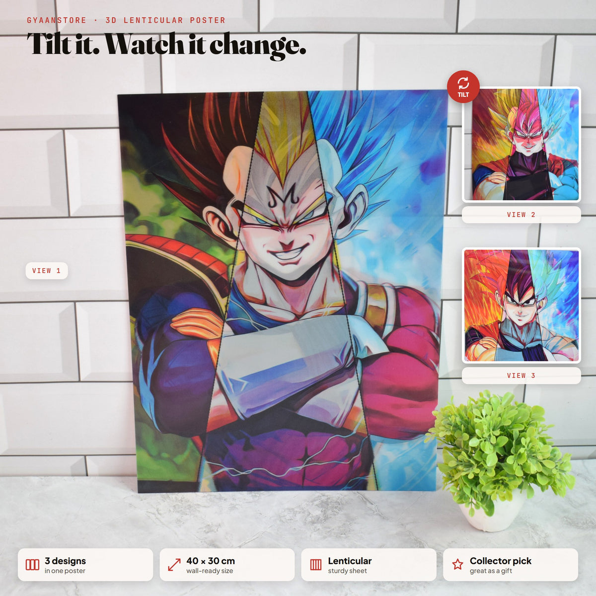 Dragon Ball Vegeta & Goku Split 3D Lenticular A3 Poster – tilt to see all 3 designs