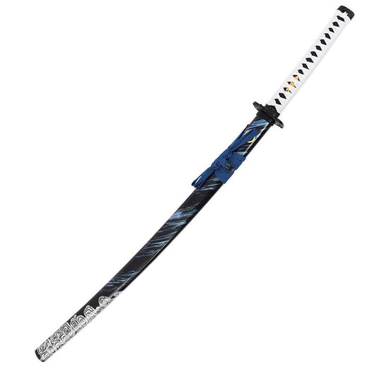 Ghost of Tsushima: Jin Sakai Wooden Katana 104cm - full length, white handle, black saya with blue storm streaks and white cloud pattern