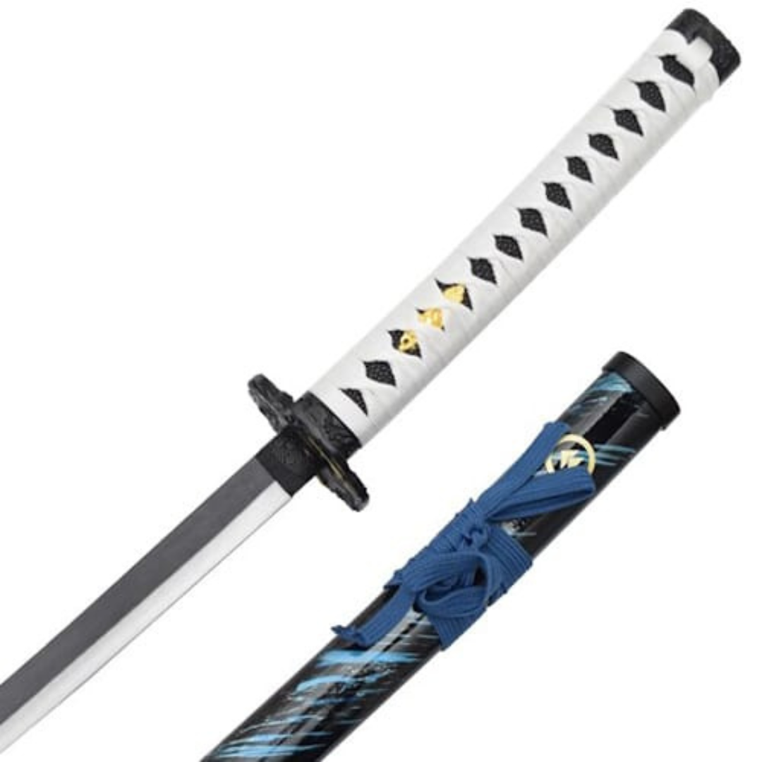 Ghost of Tsushima: Jin Sakai Wooden Katana 104cm - white diamond-wrap handle, black tsuba and blade above the saya