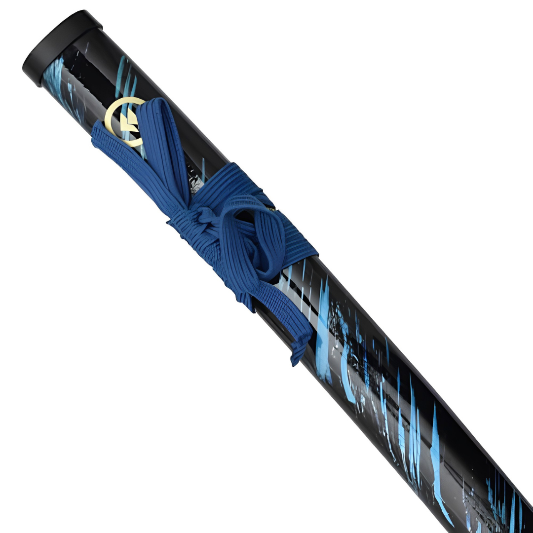 Ghost of Tsushima: Jin Sakai Wooden Katana 104cm - black saya with blue storm streaks and gold crest under the blue sageo