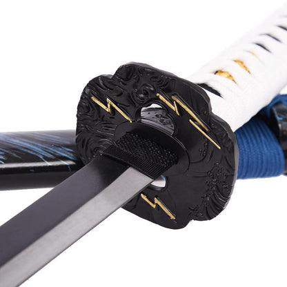Ghost of Tsushima: Jin Sakai Wooden Katana 104cm - close-up of the black tsuba with gold lightning bolts