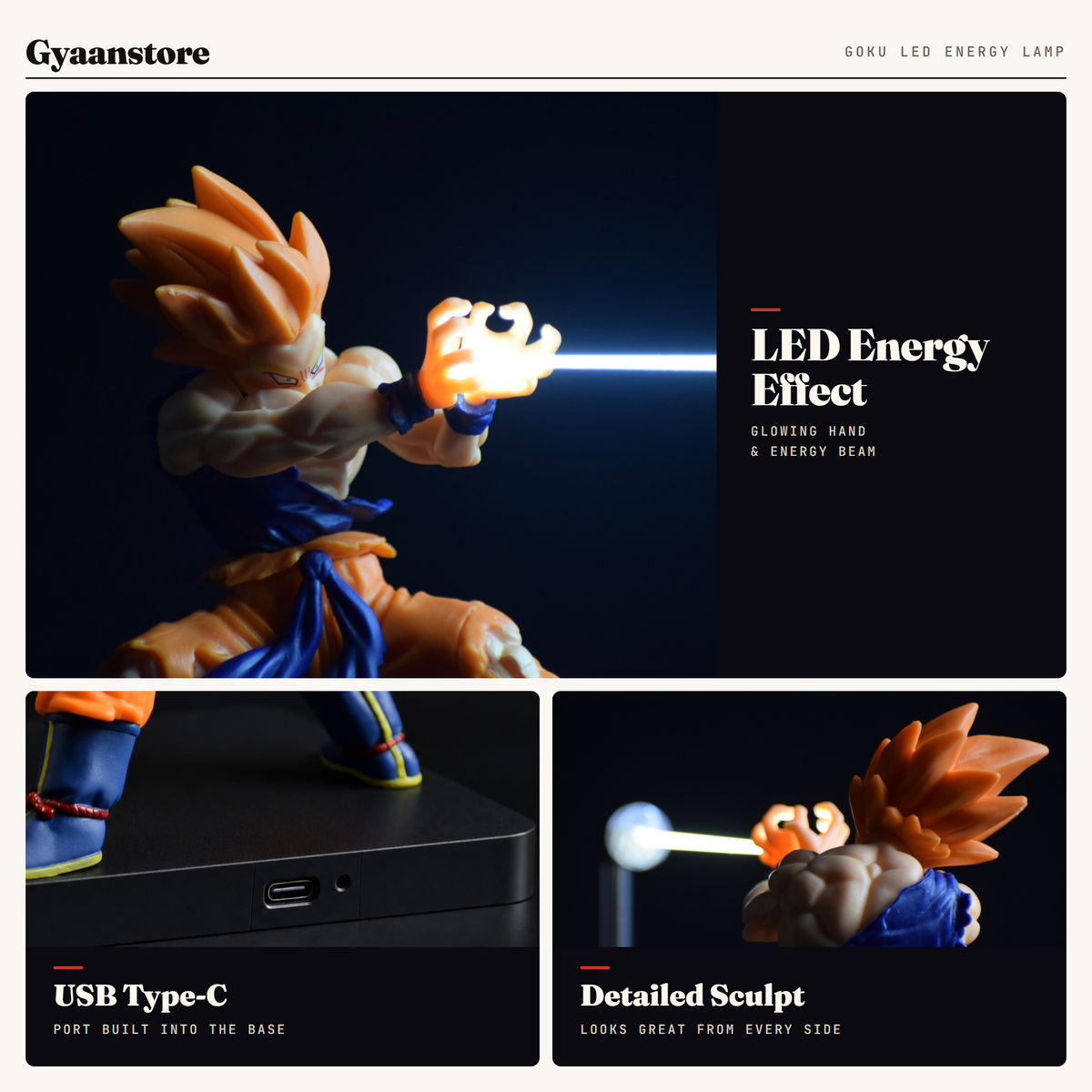 Goku Magnetic Levitation Lamp - Glowing Kamehameha Beam, Super Saiyan Figure on Display Base - features: LED energy effect, USB Type-C, detailed sculpt