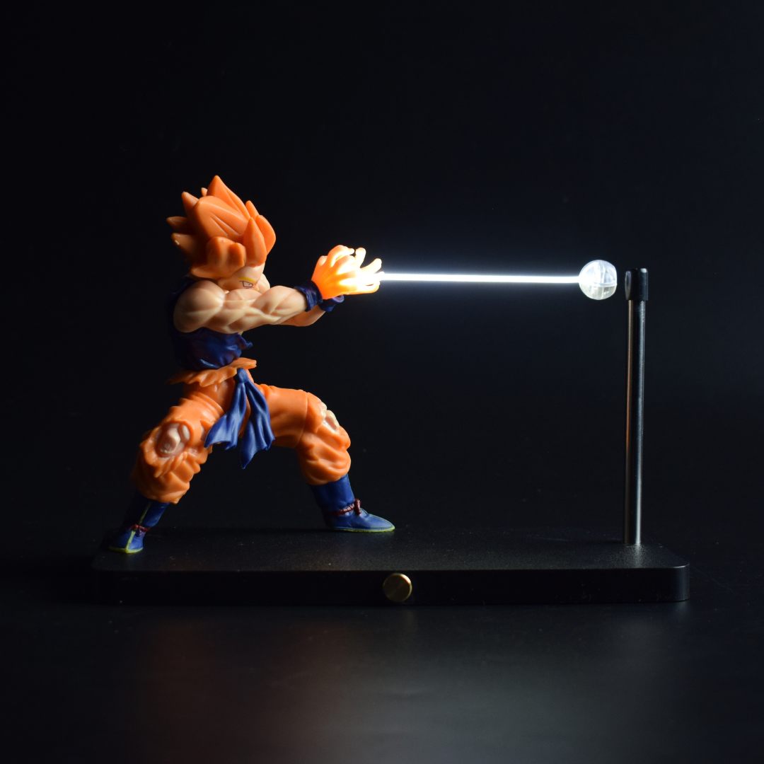 Goku Magnetic Levitation Lamp - Glowing Kamehameha Beam, Super Saiyan Figure on Display Base - front view with the glowing beam