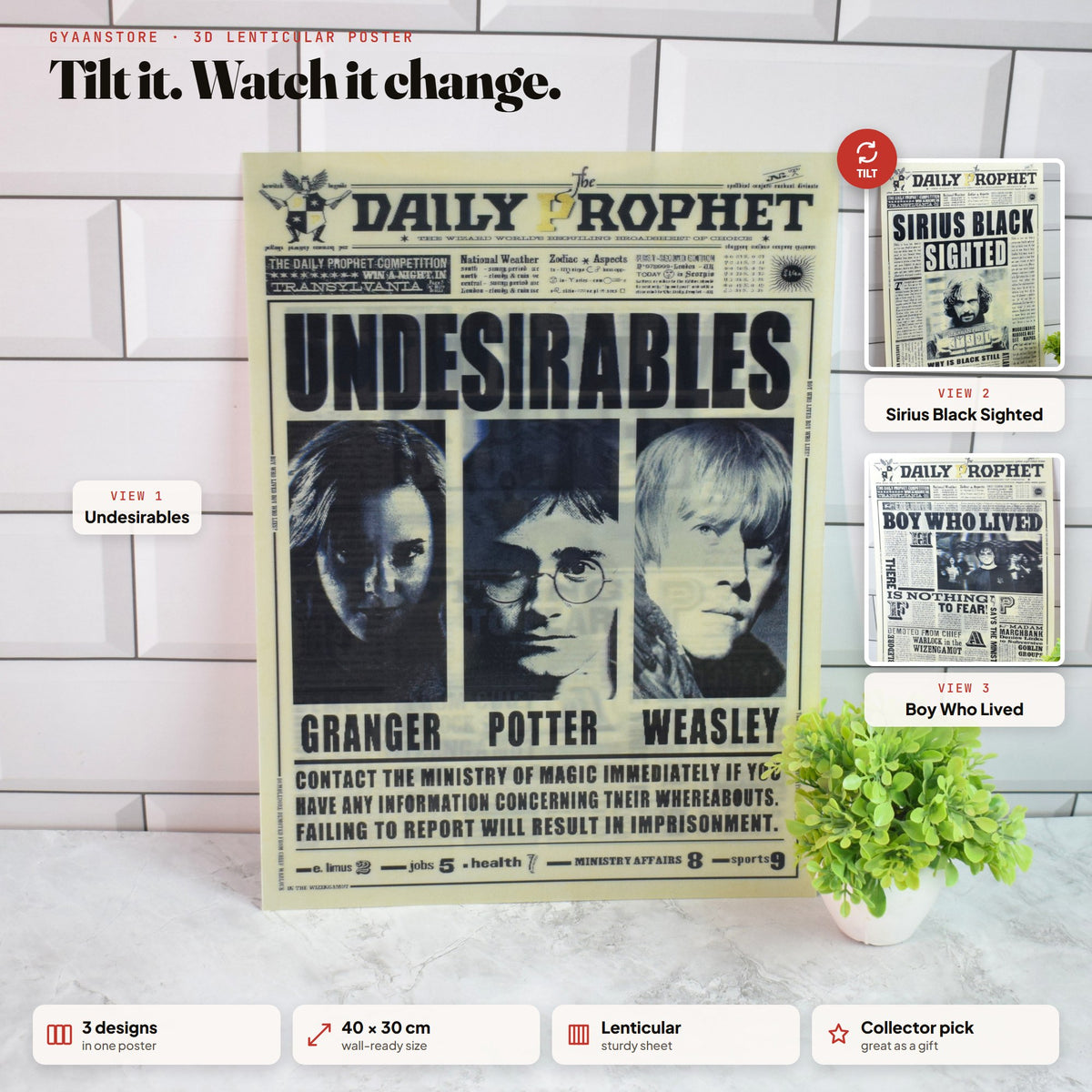 Harry Potter Daily Prophet (Undesirables & Sirius Black) 3D Lenticular A3 Poster – tilt to see all 3 designs