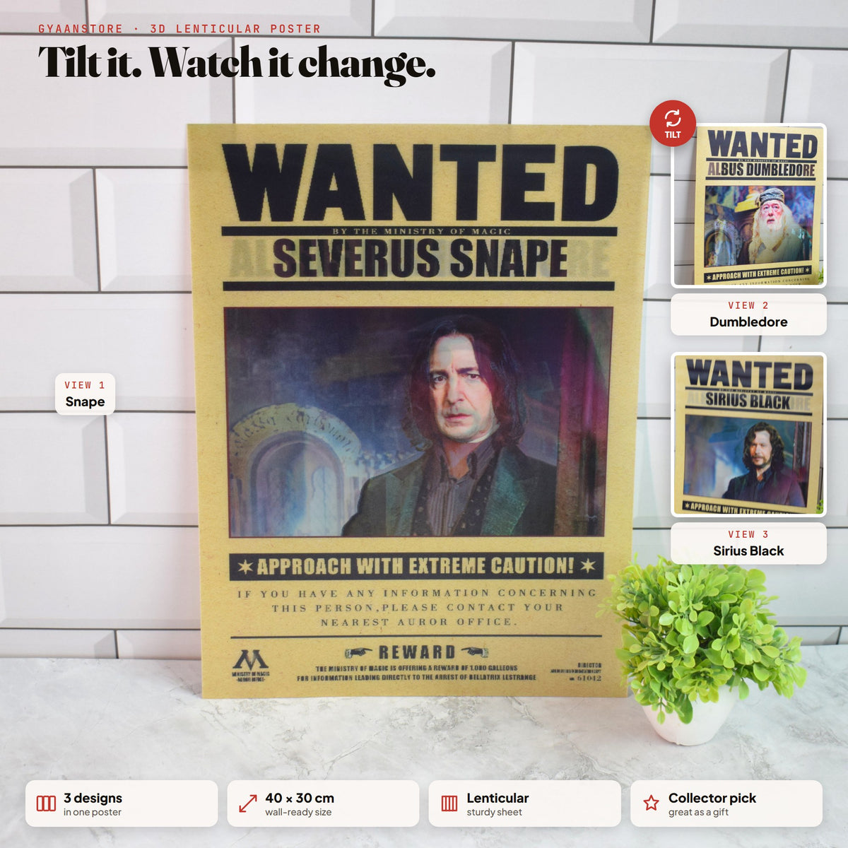 Harry Potter Wanted (Snape, Dumbledore & Sirius) 3D Lenticular A3 Poster – tilt to see all 3 designs