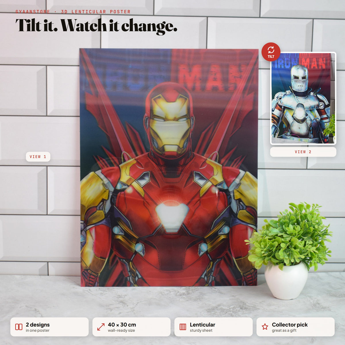 Iron Man Armour Evolution 3D Lenticular A3 Poster – tilt to see both designs