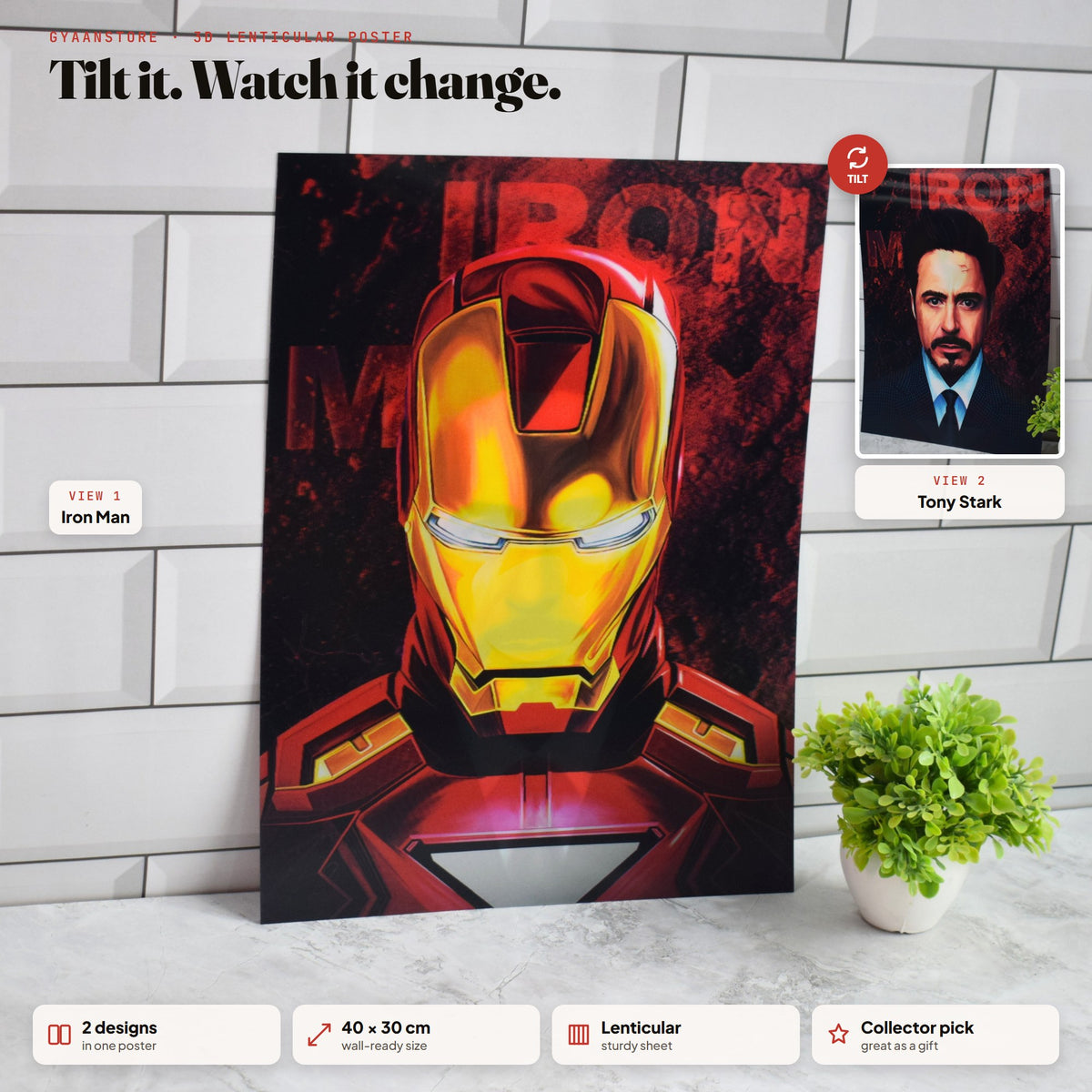 Iron Man Tony Stark Dual Identity 3D Lenticular A3 Poster – tilt to see both designs