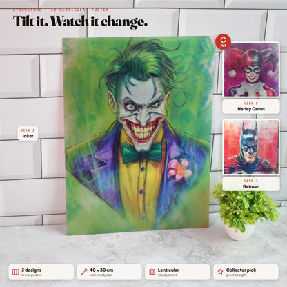 Joker, Harley Quinn & Batman Face 3D Lenticular A3 Poster – tilt to see all 3 designs