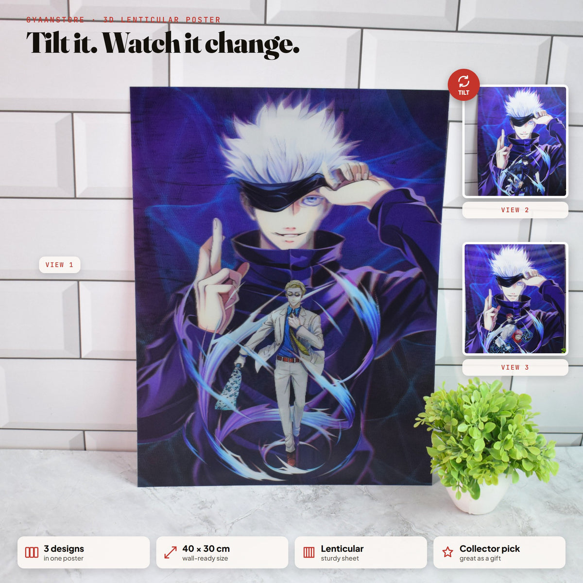 Jujutsu Kaisen Gojo Satoru 3D Lenticular A3 Poster – tilt to see all 3 designs