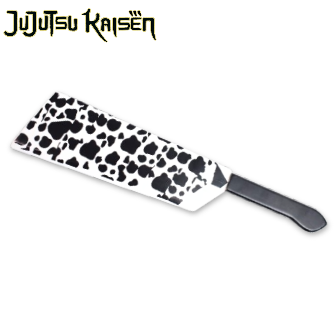 Jujutsu Kaisen: Nanami Kento's Cleaver Wooden Display Knife (50 cm) - full knife with black splatter print blade and black handle, Jujutsu Kaisen logo