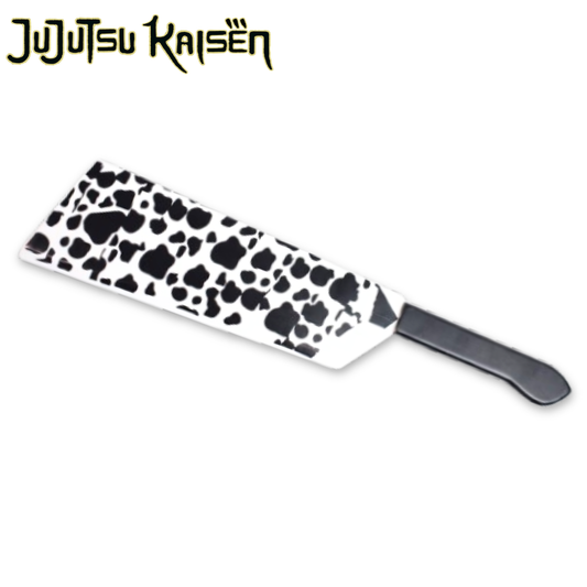 Jujutsu Kaisen: Nanami Kento's Cleaver Wooden Display Knife (50 cm) - full knife with black splatter print blade and black handle, Jujutsu Kaisen logo