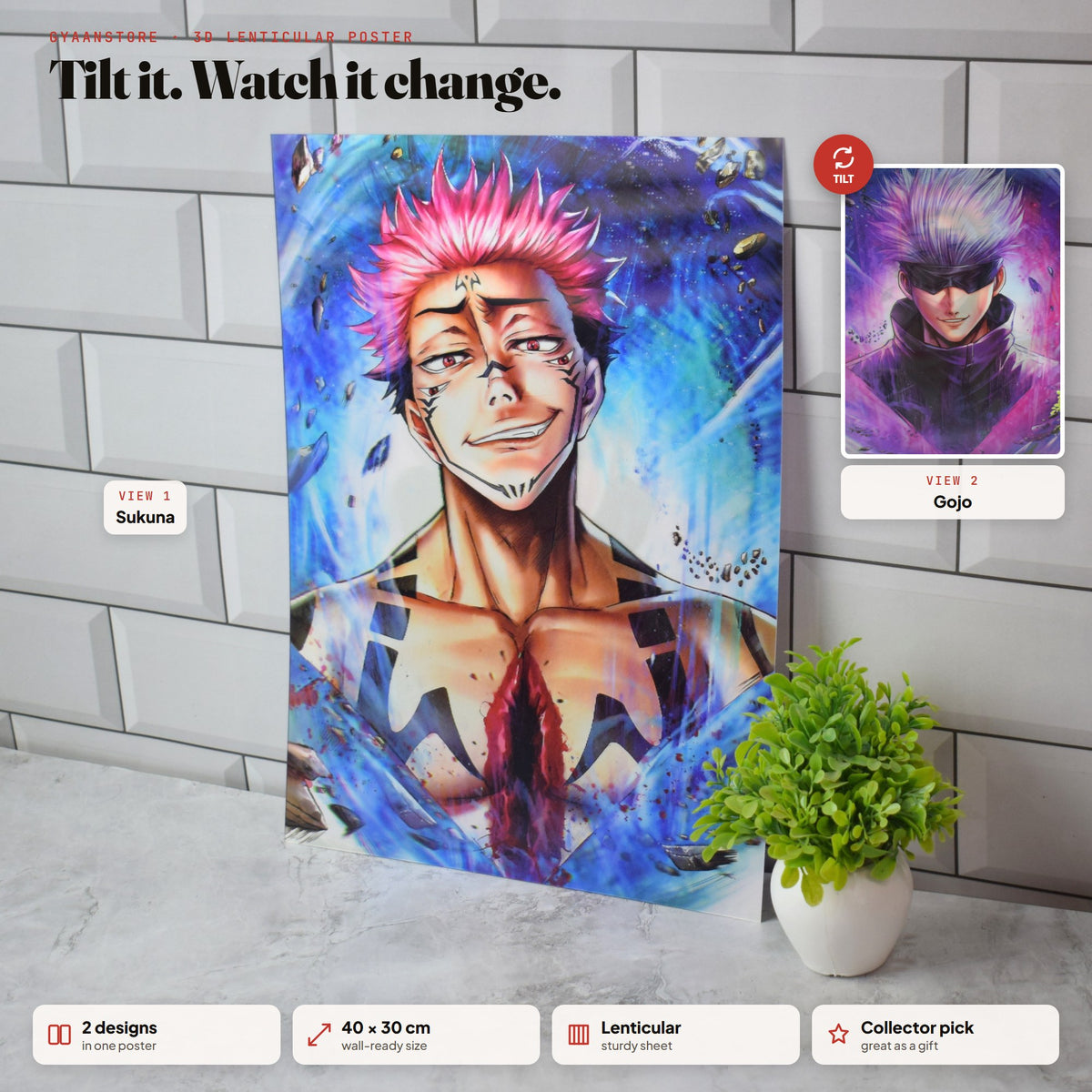Jujutsu Kaisen Sukuna & Gojo 3D Lenticular A3 Poster – tilt to see both designs
