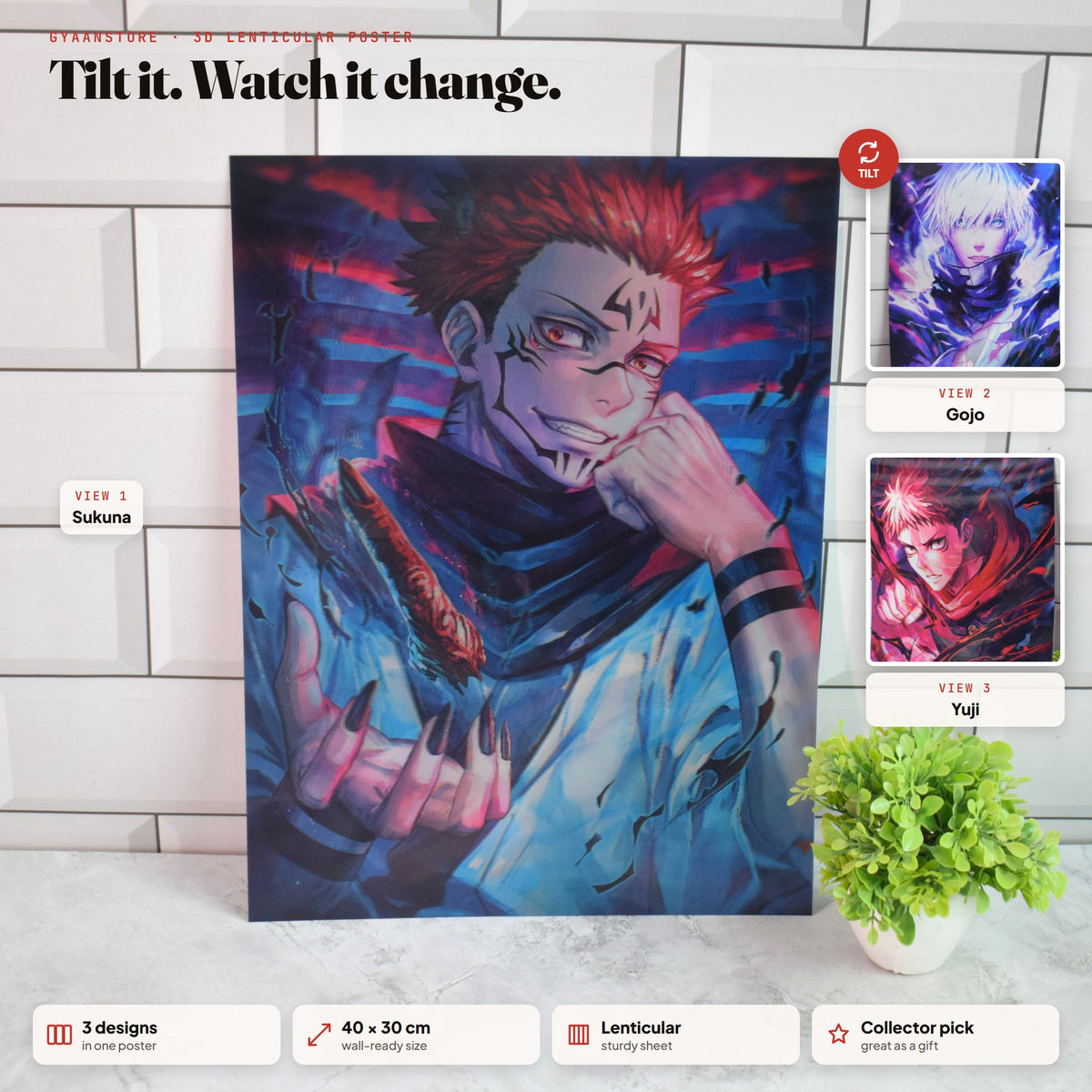 Jujutsu Kaisen Sukuna, Gojo & Yuji 3D Lenticular A3 Poster – tilt to see all 3 designs