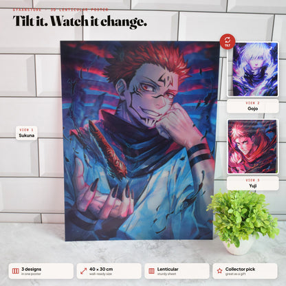 Jujutsu Kaisen Sukuna, Gojo & Yuji 3D Lenticular A3 Poster – tilt to see all 3 designs