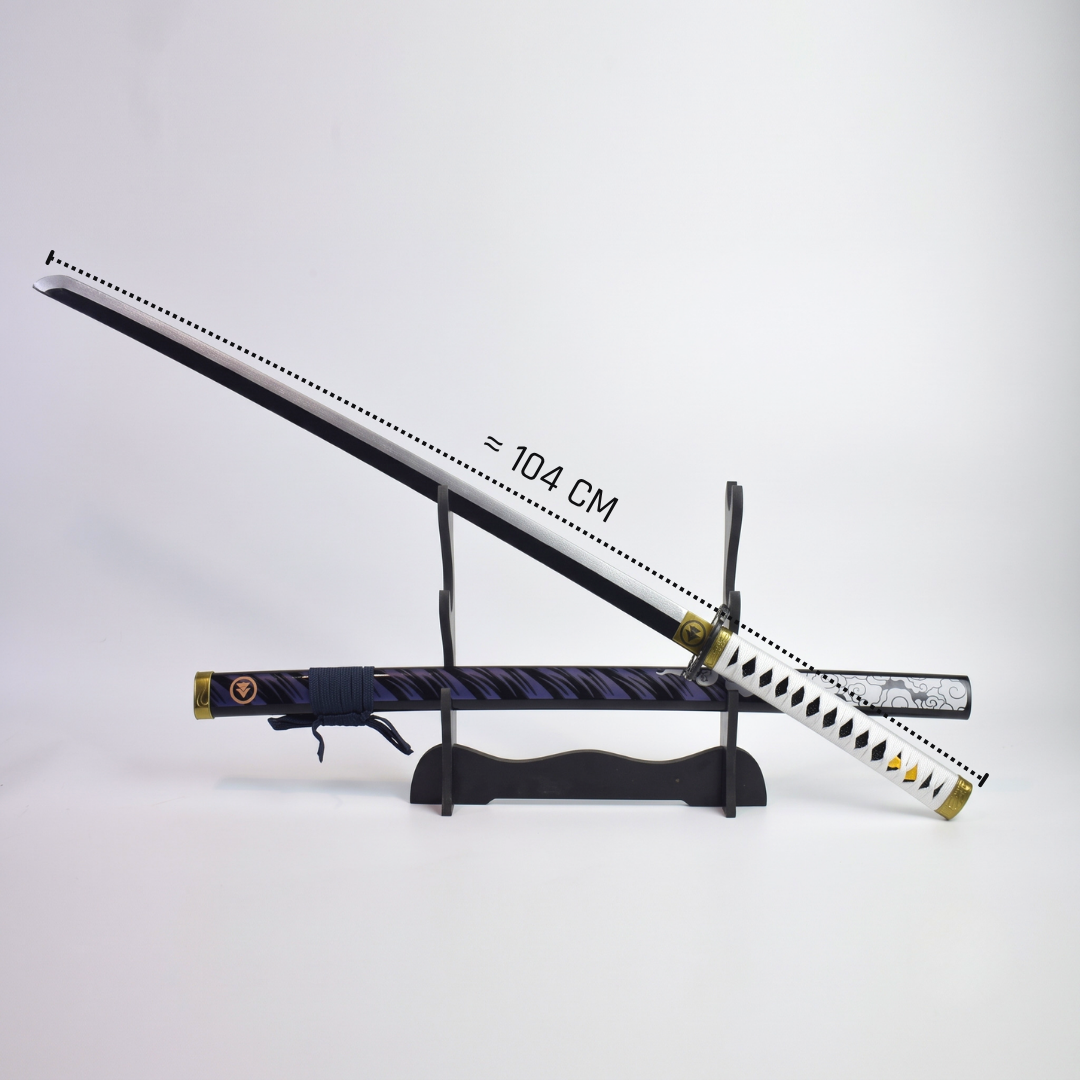 Ghost of Tsushima: Jin Sakai Wooden Katana 104cm - full length on its stand with the saya below, 104 cm