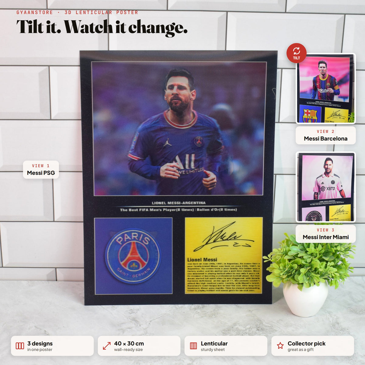 Lionel Messi PSG, Barcelona & Inter Miami 3D Lenticular A3 Poster – tilt to see all 3 designs