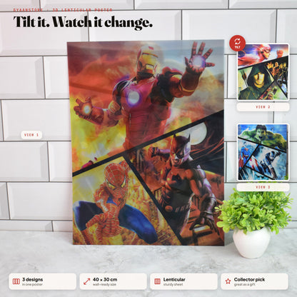 Marvel & DC Superheroes Collage 3D Lenticular A3 Poster – tilt to see all 3 designs