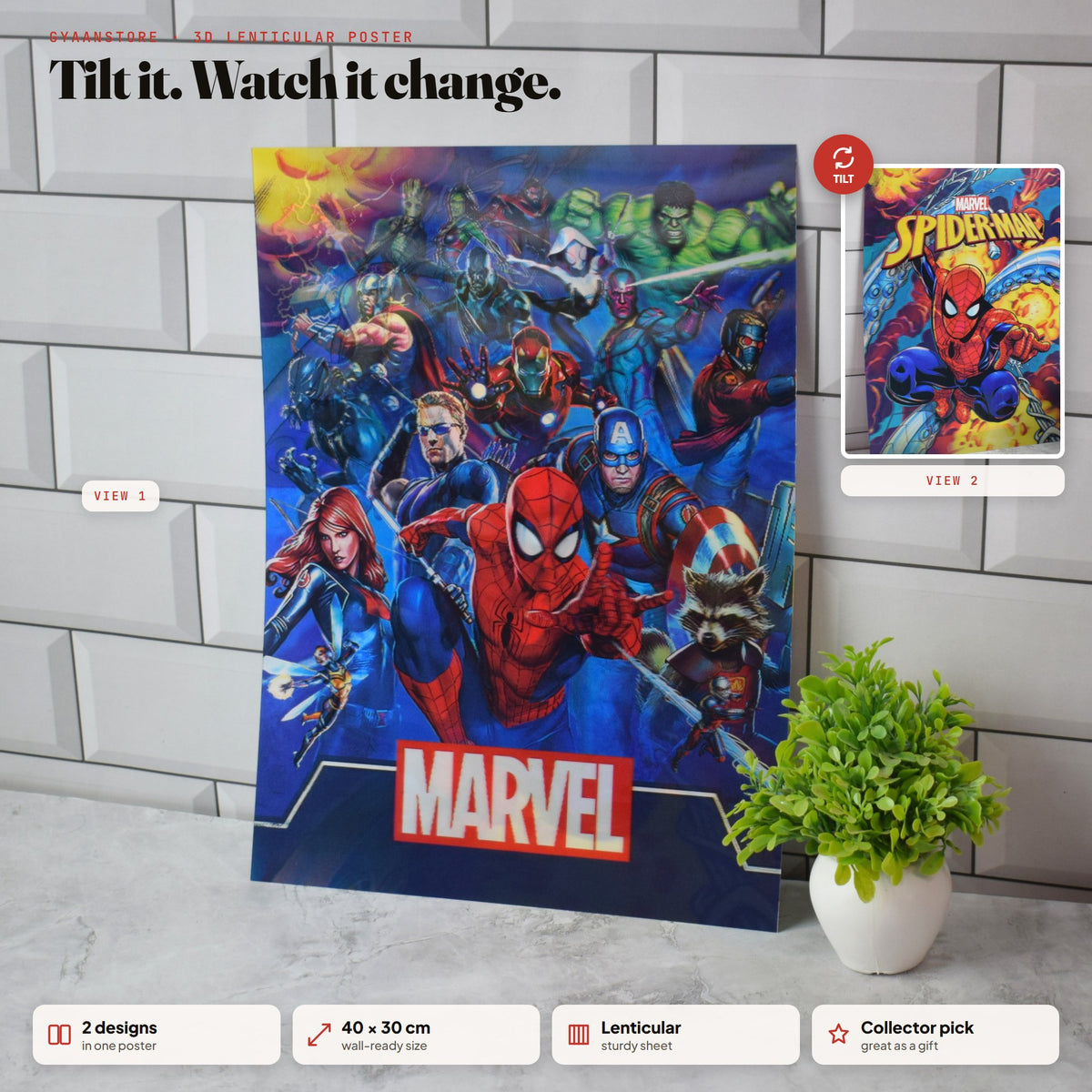 Marvel Heroes & Spider-Man Comic 3D Lenticular A3 Poster – tilt to see both designs