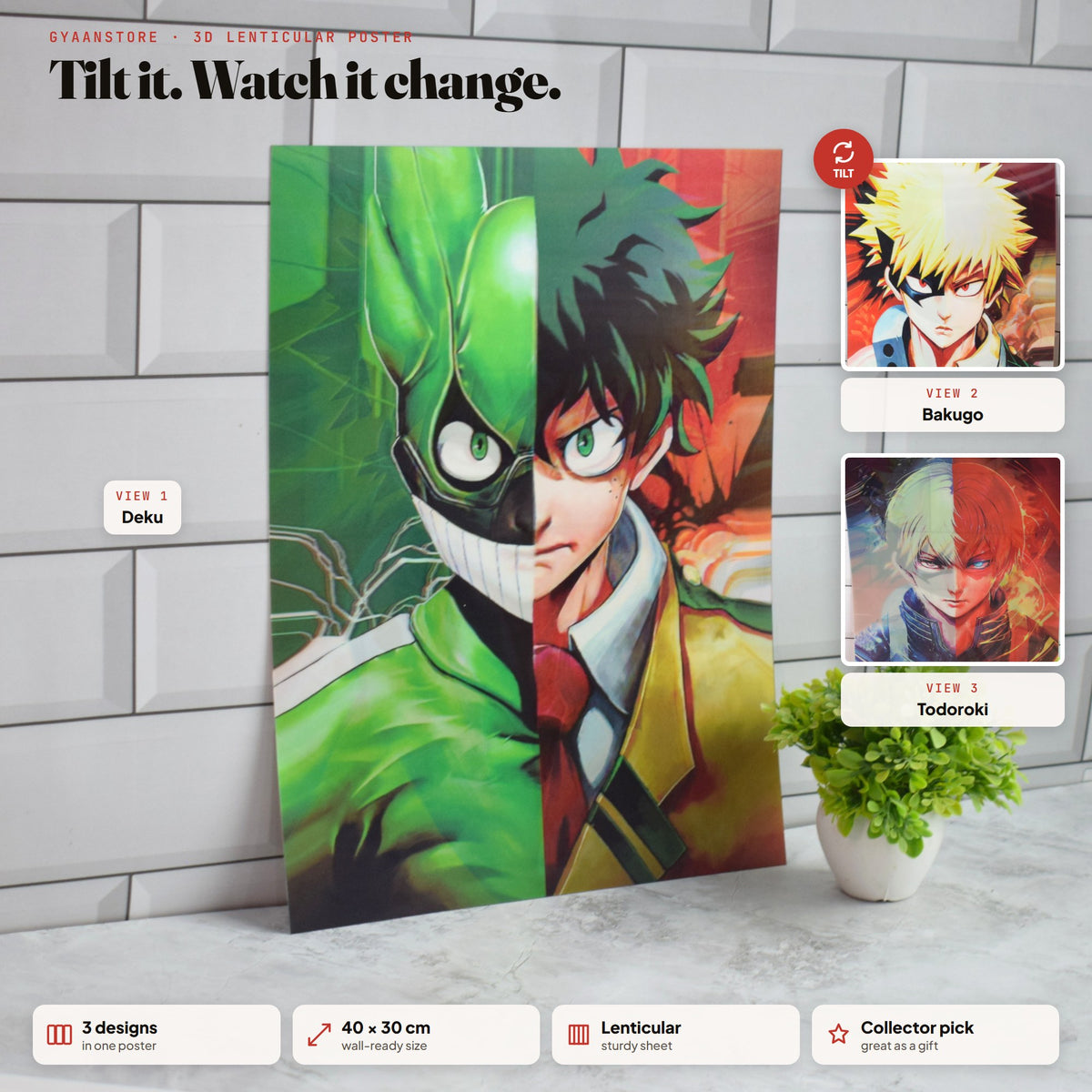 My Hero Academia Deku, Bakugo & Todoroki Split 3D Lenticular A3 Poster – tilt to see all 3 designs