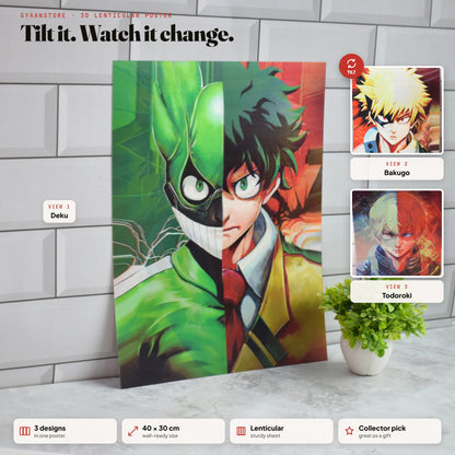 My Hero Academia Deku, Bakugo & Todoroki Split 3D Lenticular A3 Poster – tilt to see all 3 designs
