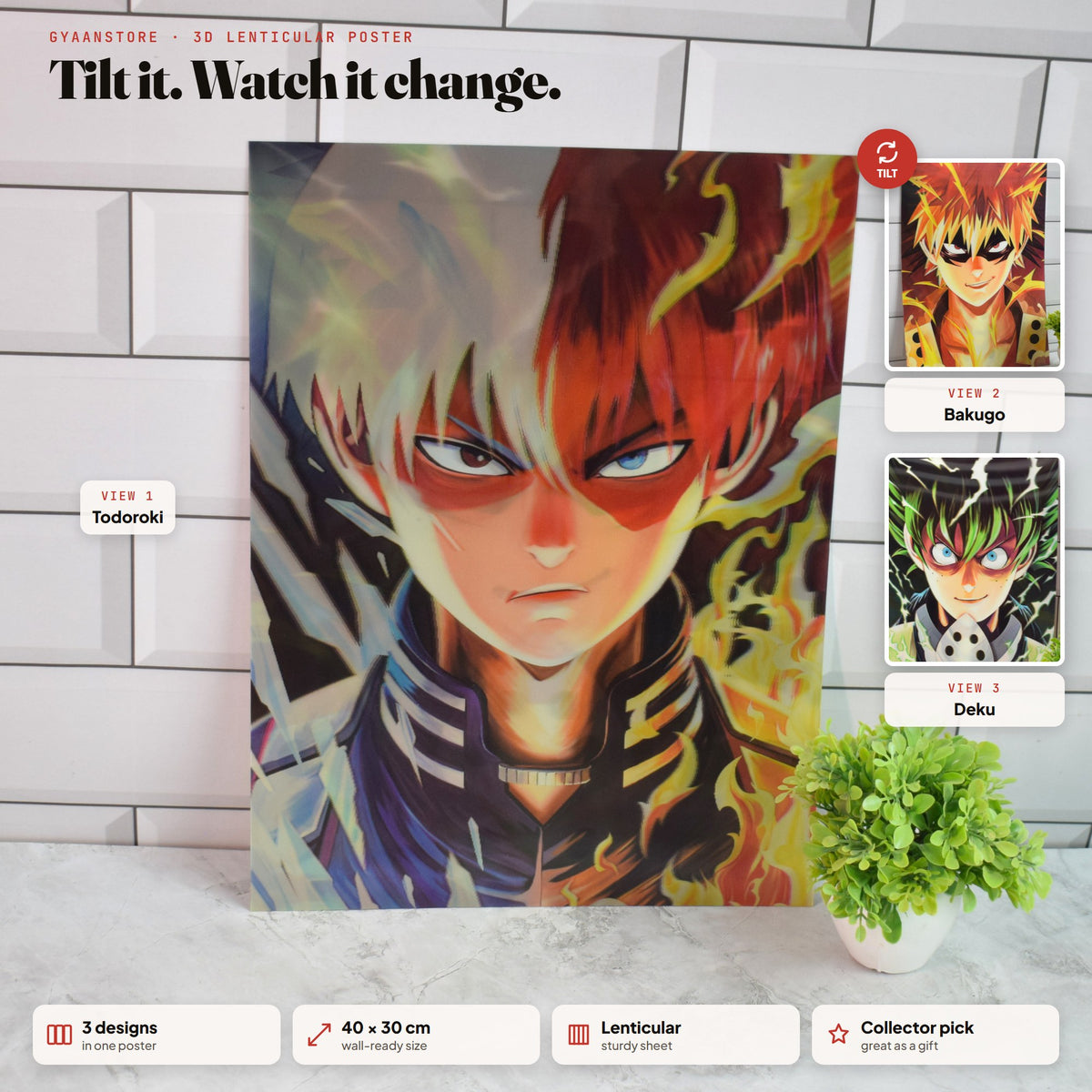 My Hero Academia Todoroki, Bakugo & Deku 3D Lenticular A3 Poster – tilt to see all 3 designs