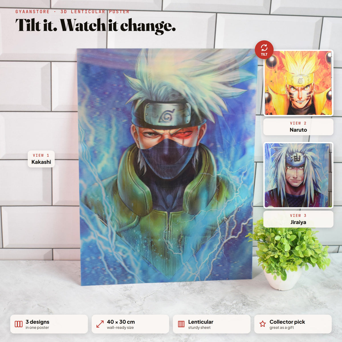 Naruto Kakashi, Naruto & Jiraiya 3D Lenticular A3 Poster – tilt to see all 3 designs
