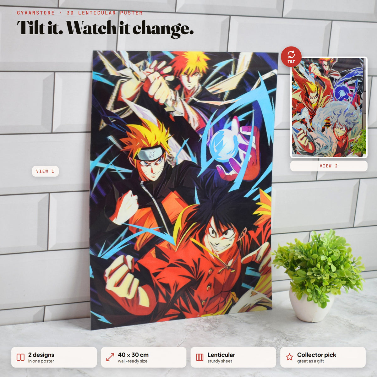 Naruto, Luffy & Ichigo Anime Crossover 3D Lenticular A3 Poster – tilt to see both designs