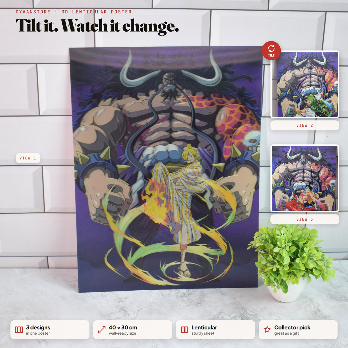 One Piece Kaido vs Luffy, Zoro & Sanji Wano 3D Lenticular A3 Poster – tilt to see all 3 designs