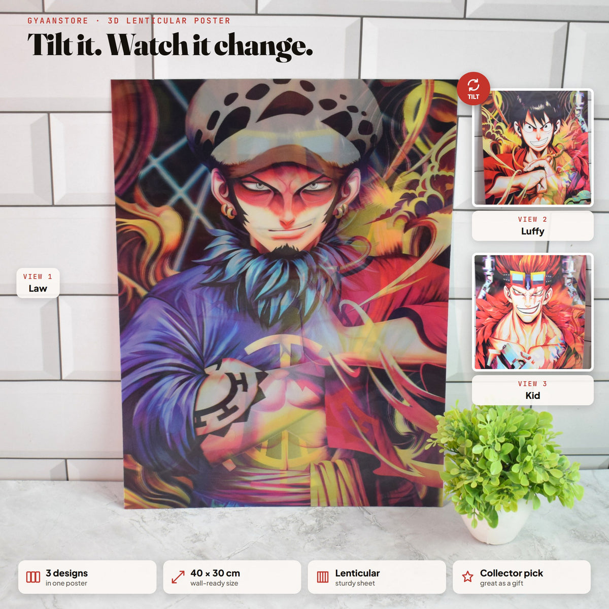 One Piece Law, Luffy & Kid Supernovas 3D Lenticular A3 Poster – tilt to see all 3 designs