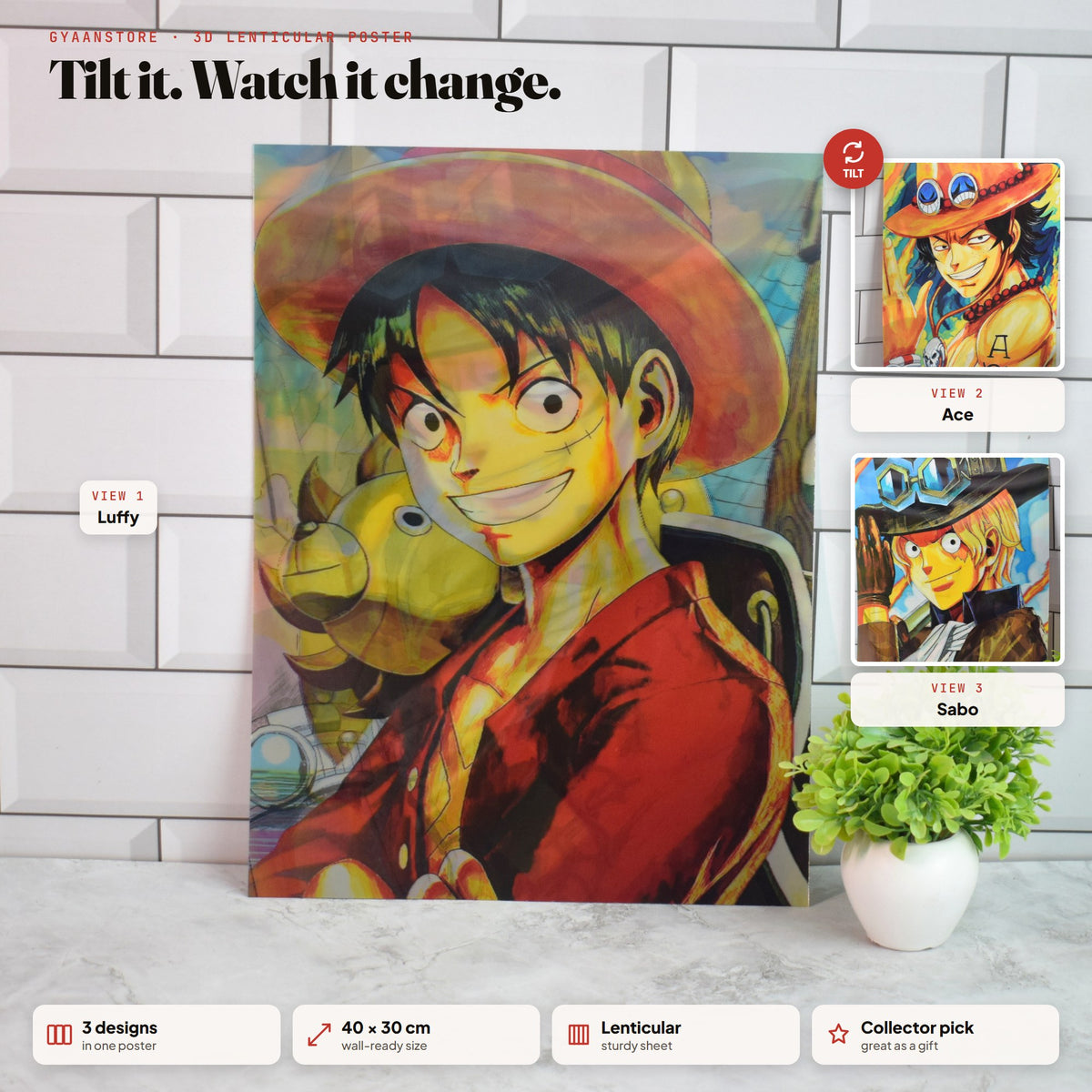 One Piece Luffy, Ace & Sabo Brothers 3D Lenticular A3 Poster – tilt to see all 3 designs