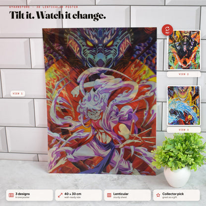 One Piece Luffy Gear 5, Zoro & Sanji 3D Lenticular A3 Poster – tilt to see all 3 designs