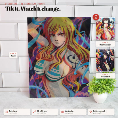 One Piece Nami, Boa Hancock & Nico Robin 3D Lenticular A3 Poster – tilt to see all 3 designs