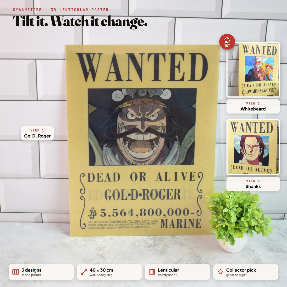 One Piece Wanted (Gol D. Roger, Whitebeard & Shanks) 3D Lenticular A3 Poster – tilt to see all 3 designs