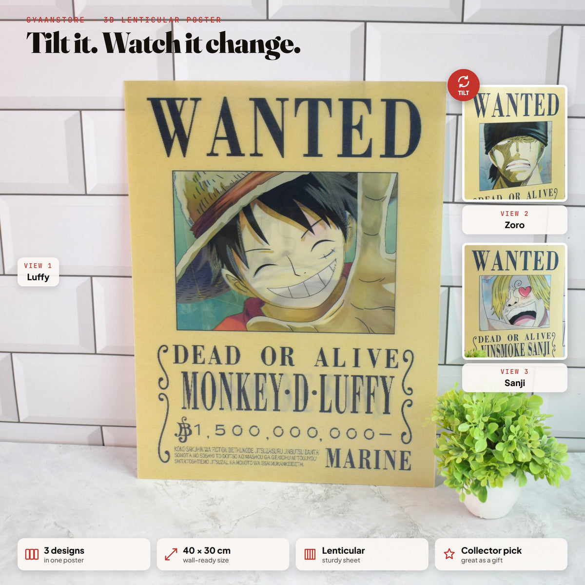 One Piece Wanted (Luffy, Zoro & Sanji) 3D Lenticular A3 Poster – tilt to see all 3 designs