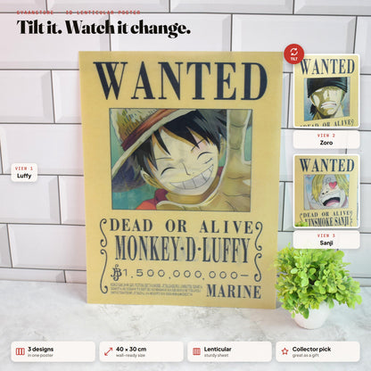 One Piece Wanted (Luffy, Zoro & Sanji) 3D Lenticular A3 Poster – tilt to see all 3 designs