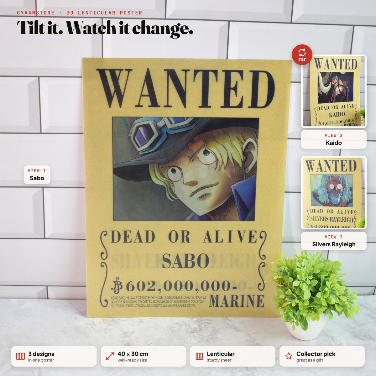 One Piece Wanted (Sabo, Kaido & Rayleigh) 3D Lenticular A3 Poster – tilt to see all 3 designs