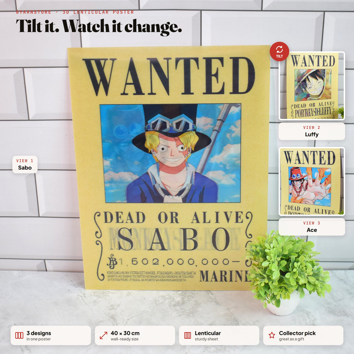One Piece Wanted (Sabo, Luffy & Ace) 3D Lenticular A3 Poster – tilt to see all 3 designs